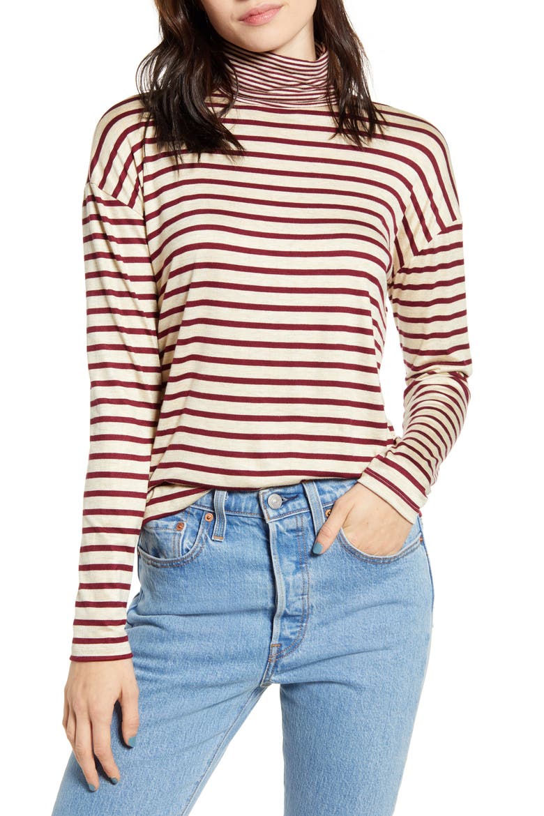 Mixed Stripe Turtleneck Top, Main, color, WINE/ OATMEAL