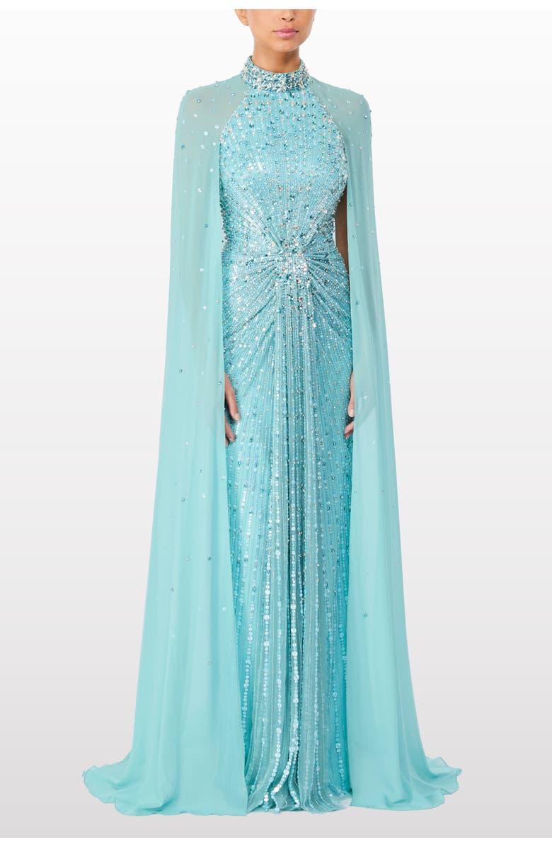 Jenny Packham Thea Embellished Cape Maxi Dress, Alternate, color, Light Turquoise