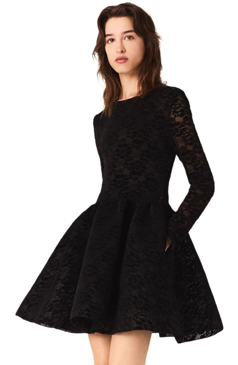 maje Flared velvet mini dress, Alternate, color, Black