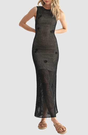 All in Favor Open Stitch Flower Appliqué Column Dress