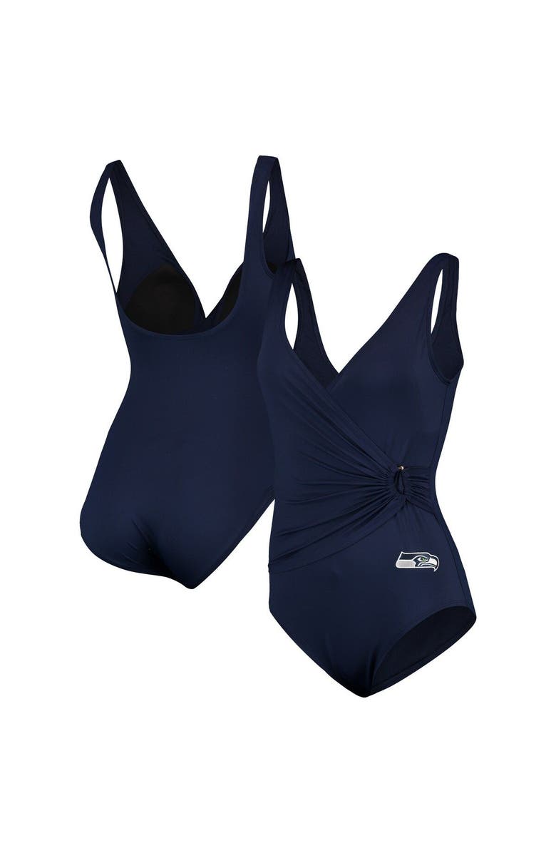 Tommy Bahama Women's Tommy Bahama College Navy Seattle Seahawks Pearl Clara Wrap One-Piece Swimsuit, Main, color, 