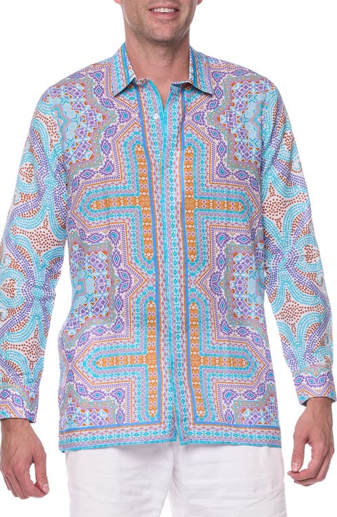 Geometric Print Linen & Cotton Blend Button-Up Shirt