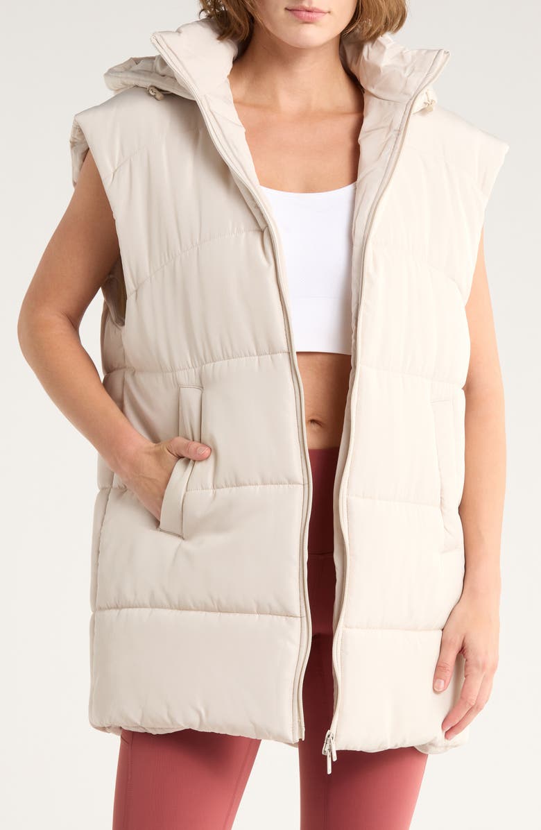 Z by Zella Hooded Long Quilted Vest, Main, color, Grey Moonbeam