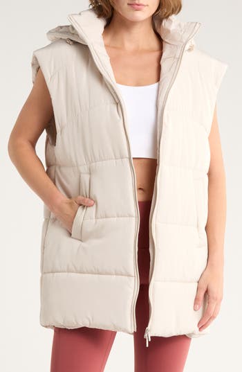Z By Zella Hooded Long Quilted Vest In Neutral