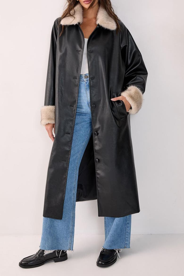 Faux Leather Longline Fur Trim Coat, Alternate, color, Black