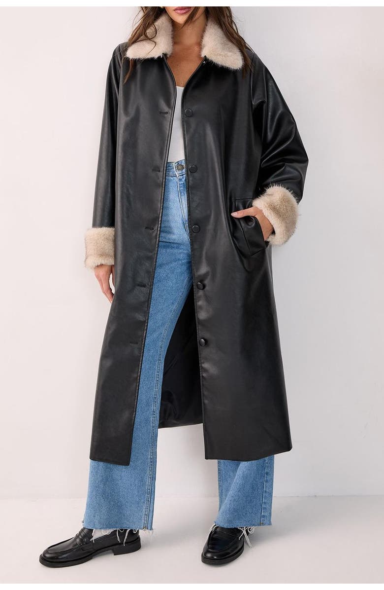 NASTY GAL Faux Leather Longline Fur Trim Coat, Alternate, color, Black
