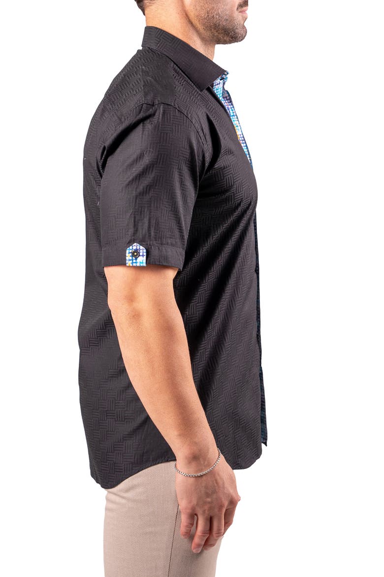 Galileo Resistance0144 Black Geo Jacquard Short Sleeve Cotton Button-Up Shirt, Alternate, color, BLACK