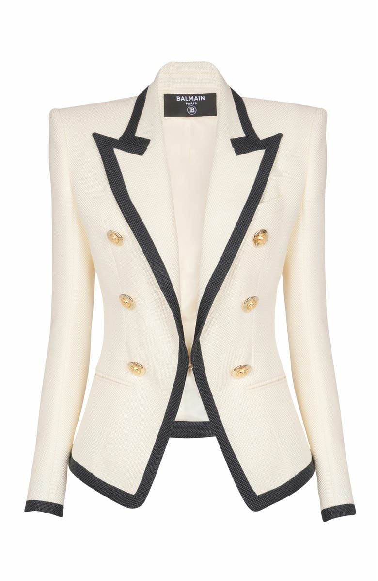 Balmain Fitted Two-Tone Basketweave Jacket, Alternate, color, Beige