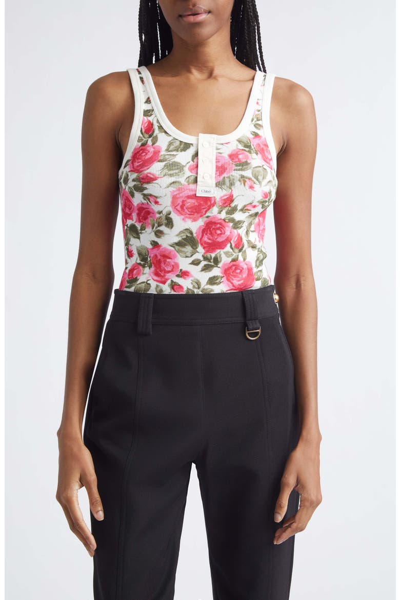 Roses Print Rib Henley Tank, Main, color, WHITE - PINK