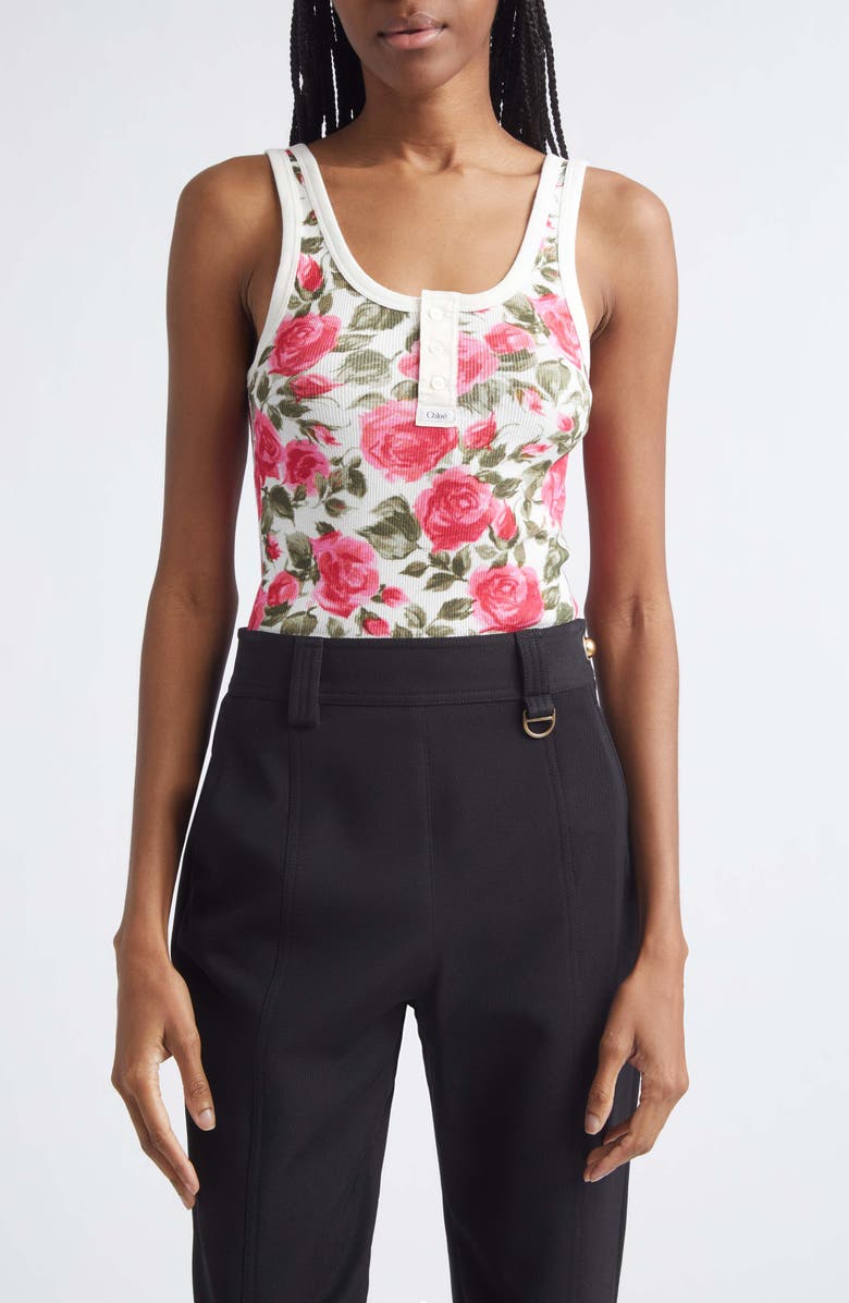 Chloé Roses Print Rib Henley Tank, Main, color,