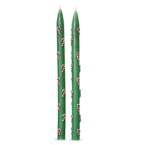 Hand Painted Candy Cane Taper Candles Christmas Green Multi