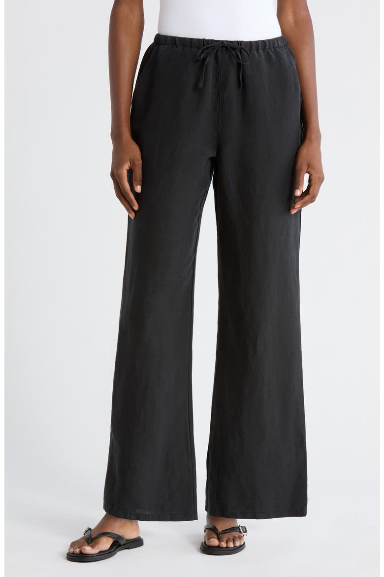 Linen Blend Straight Leg Pants, Main, color, BLACK