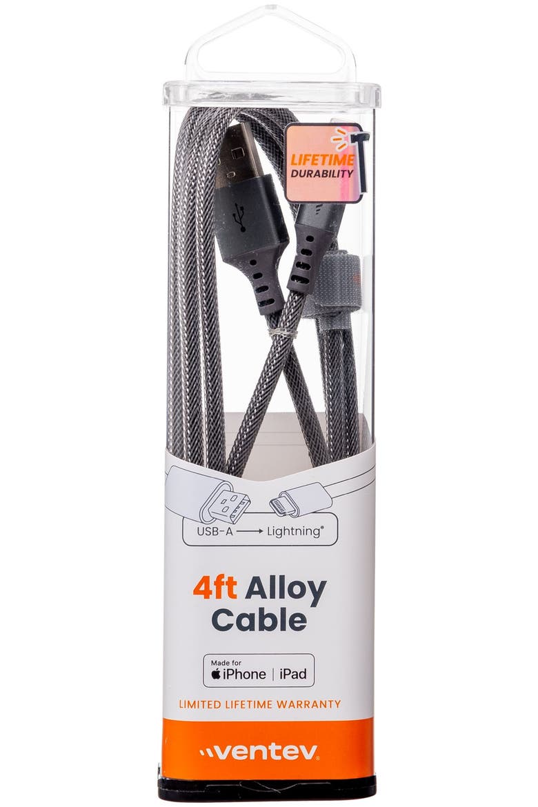 Alloy USB-A to Apple Lightning High Speed Ultradurable 4 Foot Cable, Alternate, color, Silver