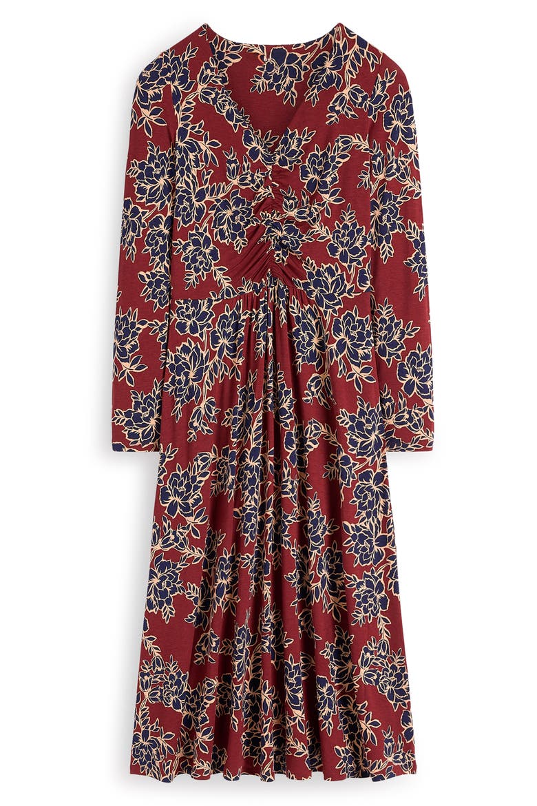 Jasmine Ruched Jersey Midi Dress, Alternate, color, ROASTED BROWN, ENCHANTED PEONY