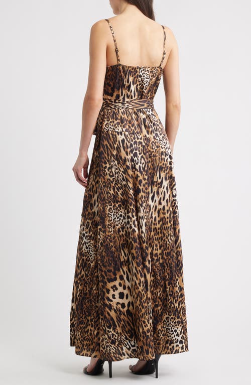 Vince Camuto Leopard Print Aysmmetric Neck Satin Gown In Animal Print