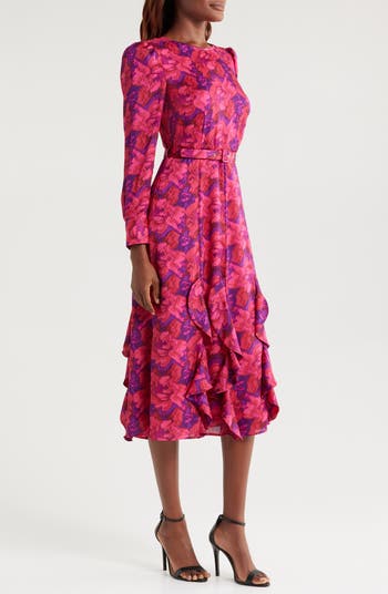 Tahari ASL Floral Ruffle Detail Long Sleeve Midi Dress Tahari ASL Floral Ruffle Detail Long Sleeve Midi Dress