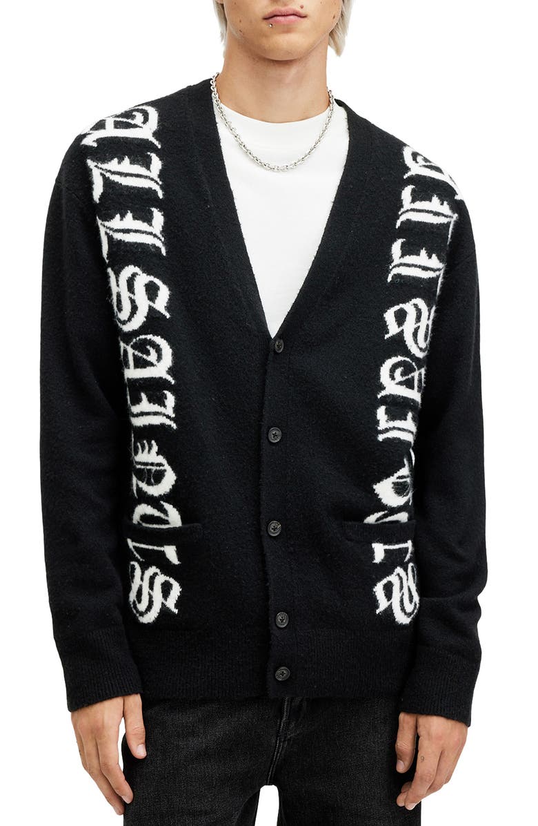 AllSaints Scripture Wool Blend Cardigan, Alternate, color, 