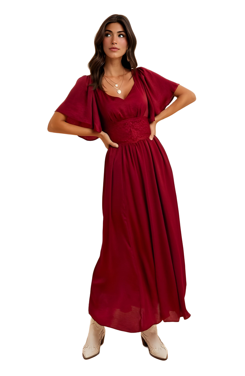 Knit and Lounge Lace Waist Flutter Sleeve Maxi Dress, Alternate, color, Burgundy