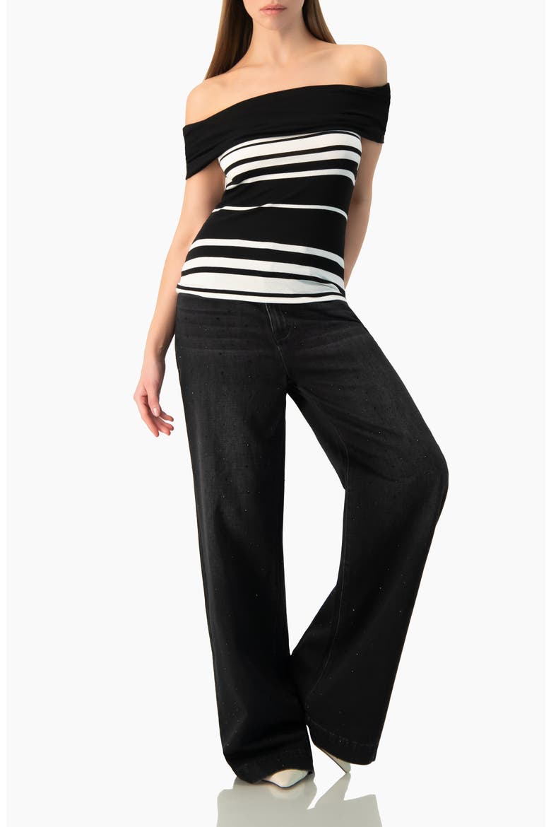 Bardot Stripe Off-Shoulder Short-Sleeve Knit Top, Alternate, color, Black