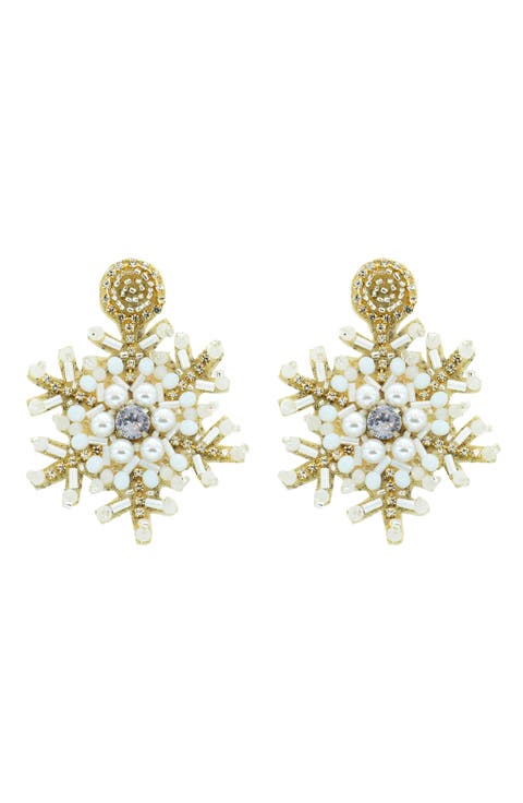 White Beaded Snowflake Drop Earrings