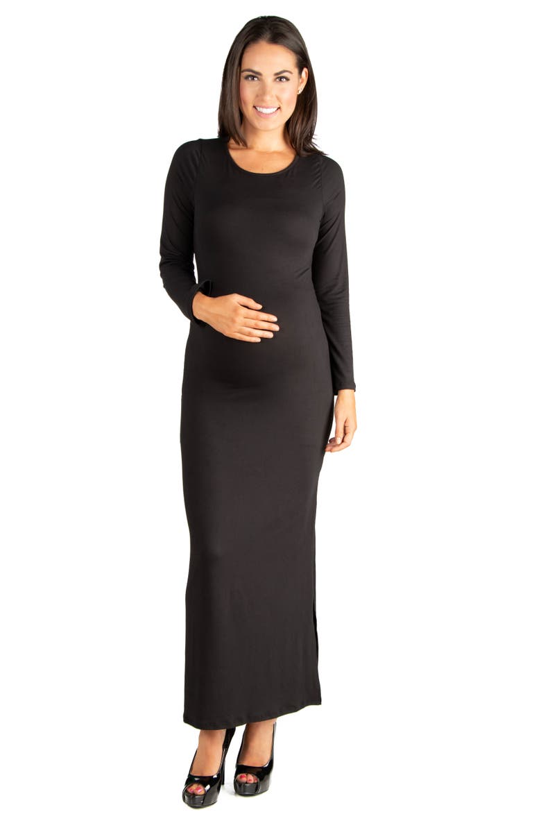 24seven Comfort Apparel Long Sleeve Side Slit Fitted Black Maternity Maxi Dress, Main, color, Black