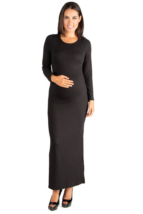 Long Sleeve Side Slit Fitted Black Maternity Maxi Dress