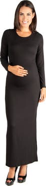 24seven Comfort Apparel Long Sleeve Side Slit Fitted Black Maternity Maxi Dress