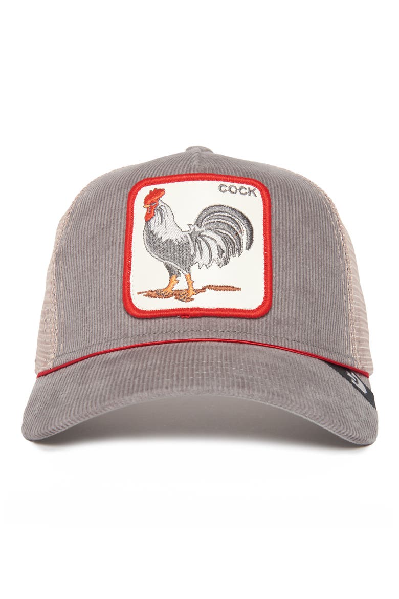 The Arena Cock Patch Corduroy Trucker Hat, Alternate, color, GREY/ OFF WHITE