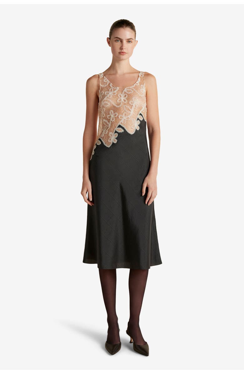 Marina Moscone Pinstripe Dress with Lace Encrustation, Main, color, Black Pinstripe