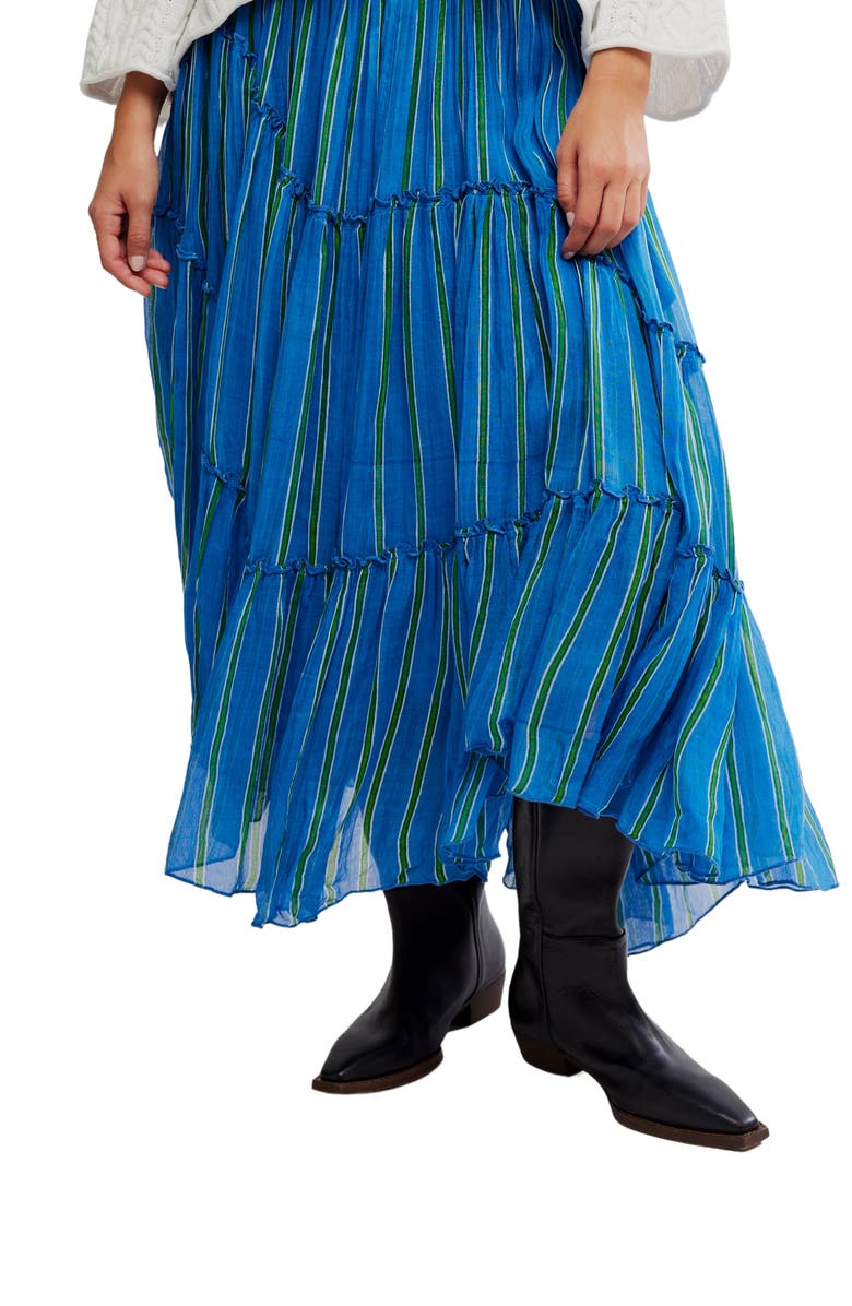 Free People Ember Tiered Stripe Midi Skirt, Alternate, color, Blue Marina