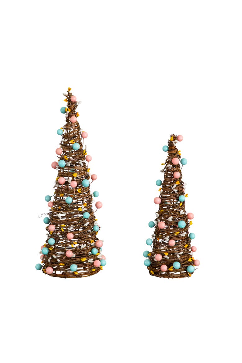 12-in and 16-in  Artificial Easter Rattan Cone Trees with Pastel Eggs - Set of 2, Main, color, Brown