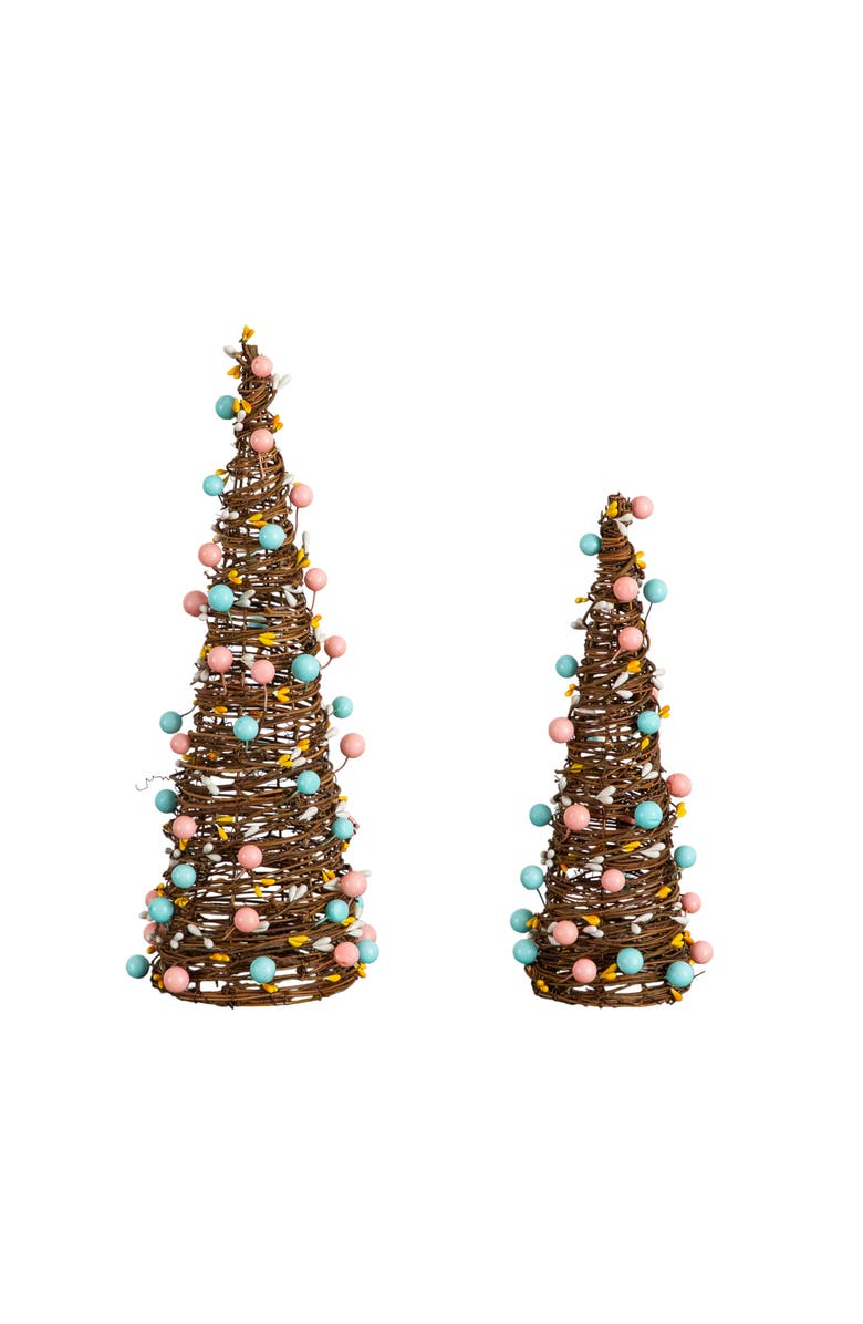 NEARLY NATURAL 12-in and 16-in  Artificial Easter Rattan Cone Trees with Pastel Eggs - Set of 2, Main, color, Brown