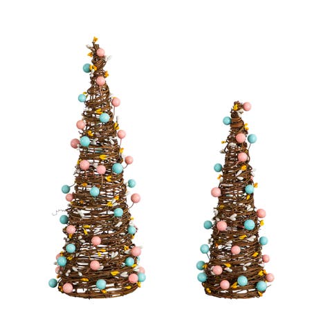 12-in and 16-in  Artificial Easter Rattan Cone Trees with Pastel Eggs - Set of 2