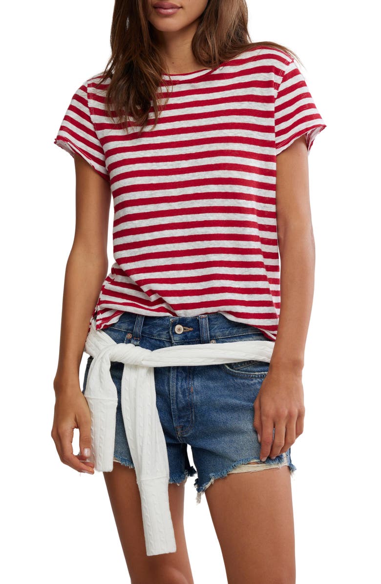 Free People Nora Stripe Linen & Cotton T-Shirt, Main, color, Red Combo