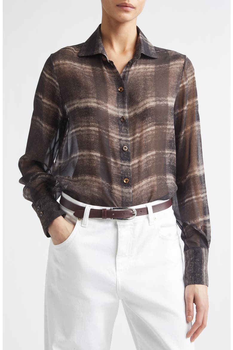 Plaid Silk Button-Up Shirt, Alternate, color, 05 BROWN