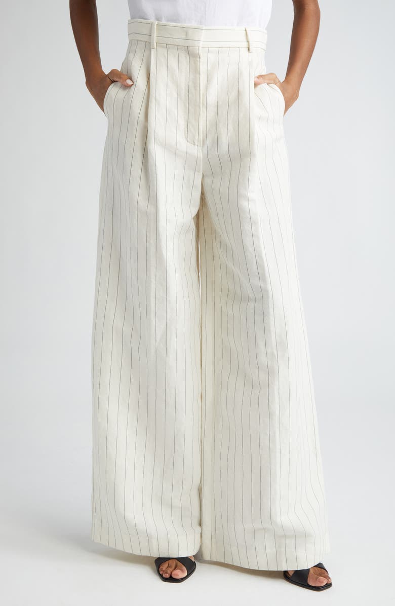 Max Mara Giuliva Pinstripe High Waist Linen & Cotton Wide Leg Trousers, Main, color, 