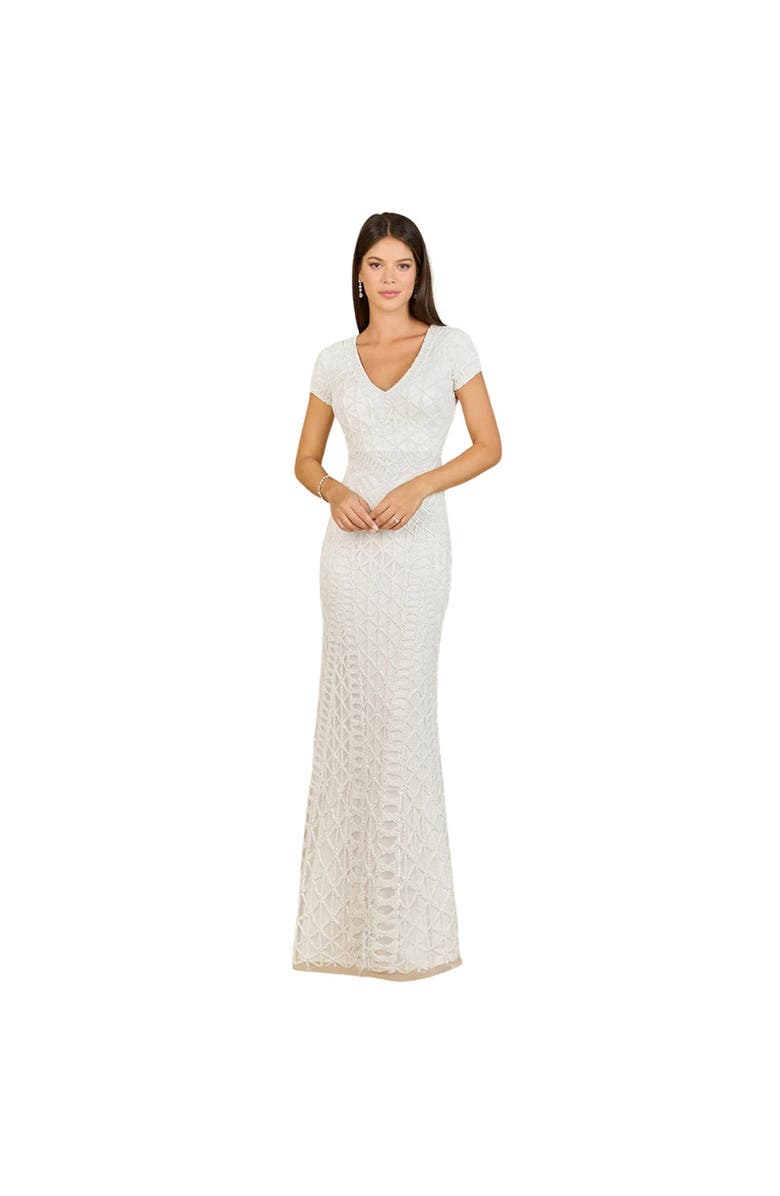 LARA New York Beaded V-Neckline Dress with Cap Sleeves, Main, color, Ivory