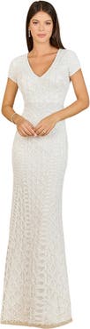 LARA New York Beaded V-Neckline Dress with Cap Sleeves