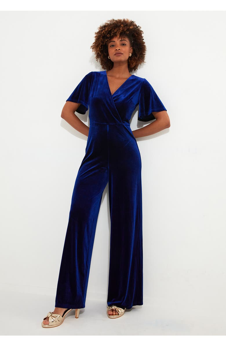Joe Browns Flutter Sleeve Velvet Jumpsuit, Main, color, Blue Opal