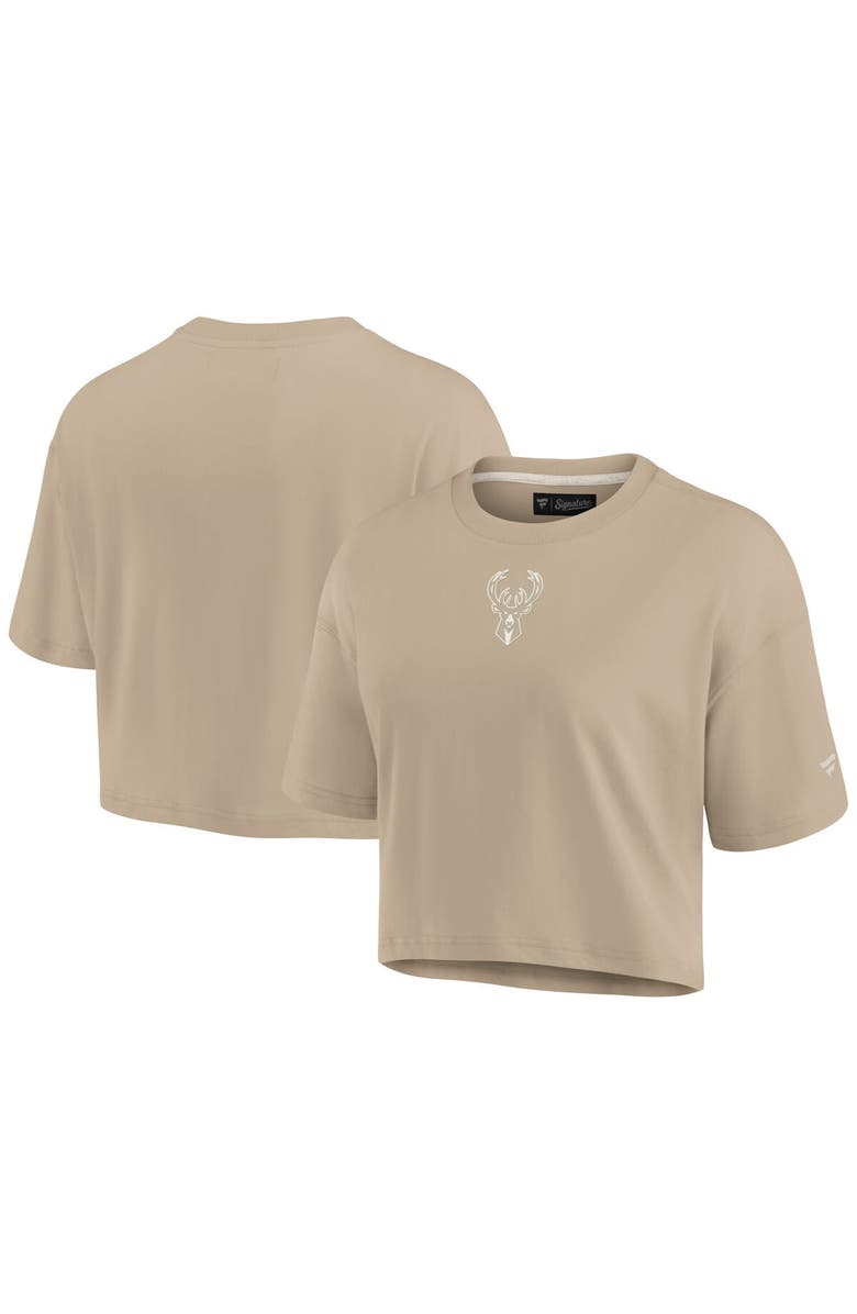 Fanatics Signature Women's Fanatics Signature Khaki Milwaukee Bucks Elements Super Soft Boxy Cropped T-Shirt, Main, color, Khaki