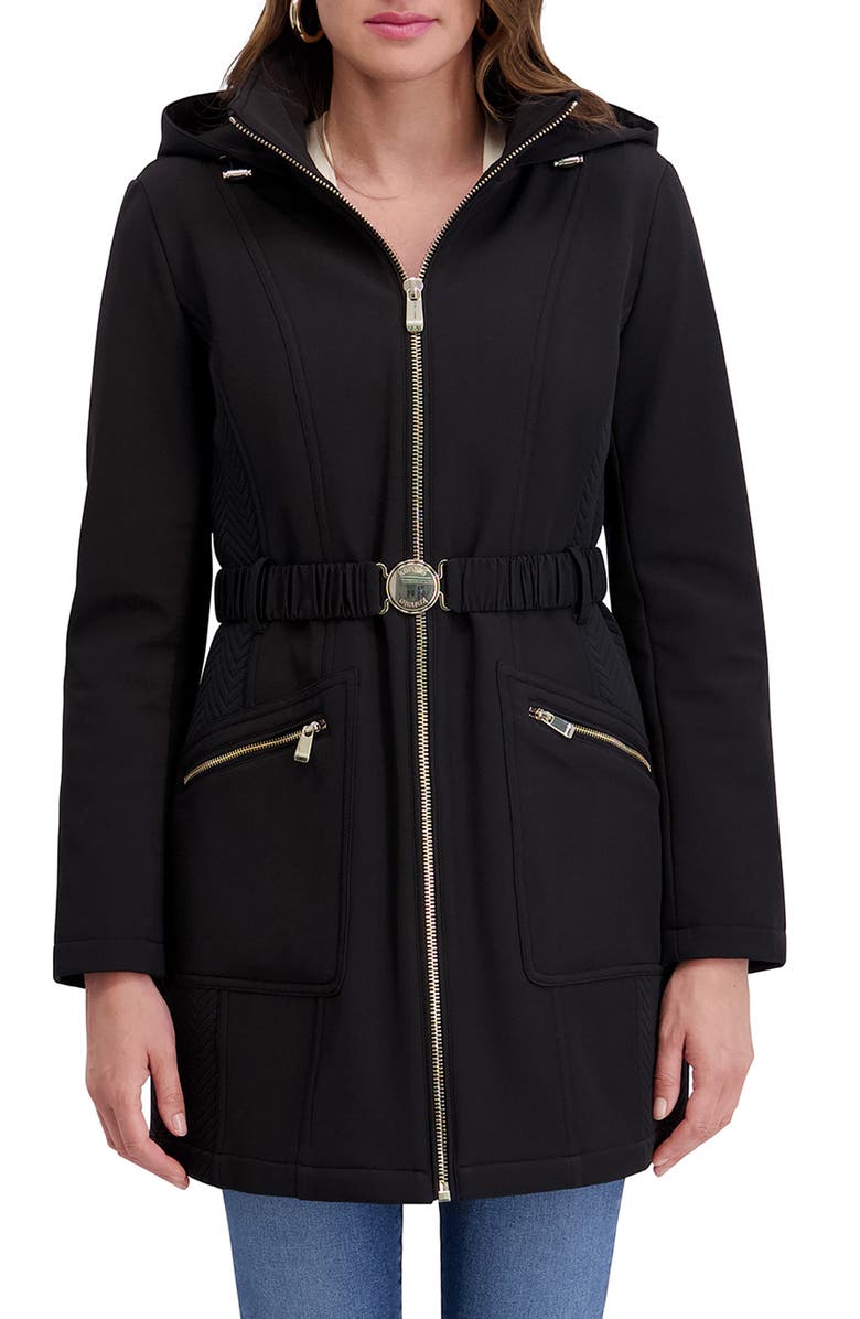 Kensie Soft Shelled Hooded Belted Zip-Up Coat, Main, color, Black
