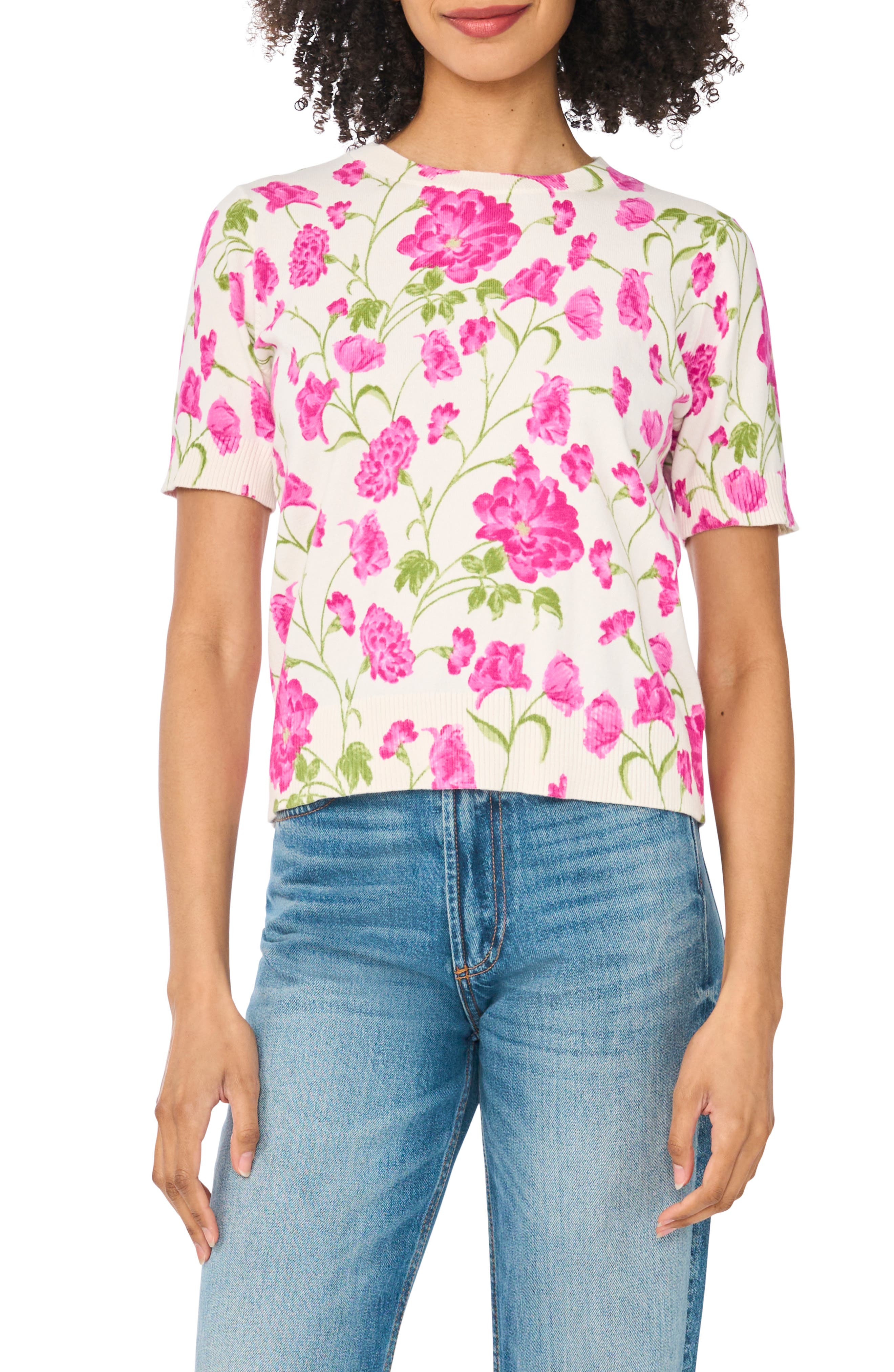 Printed Short Sleeve Cotton Sweater