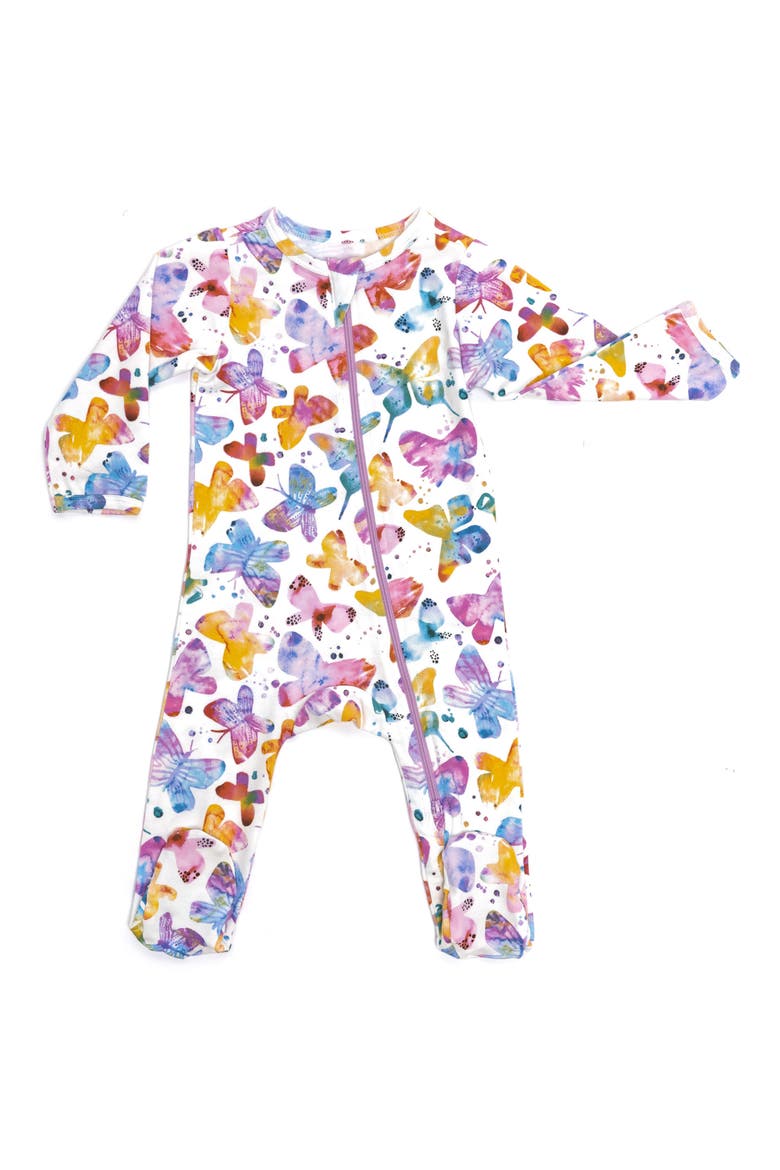 Organic Cotton Zip Footie in Butterflies, Main, color, WHITE/ PURPLE