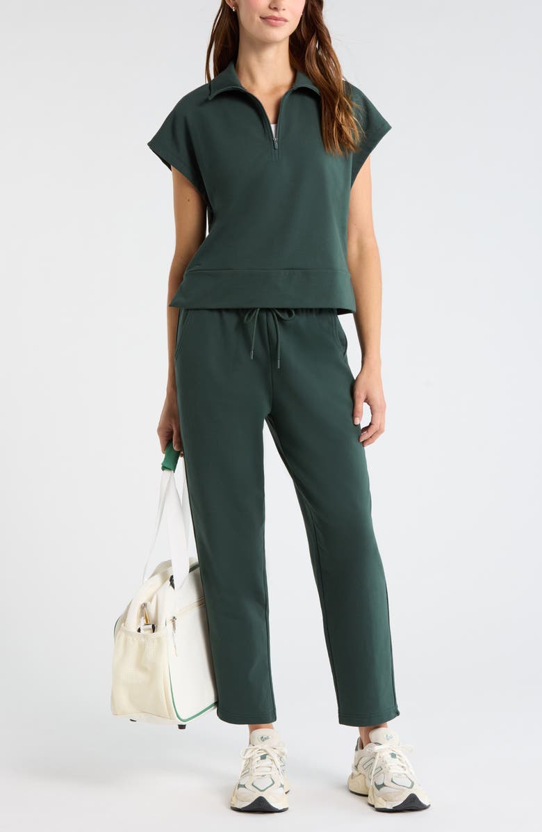 Zella Tempo Terry Half Zip Short Sleeve Sweatshirt, Alternate, color, Green Timber