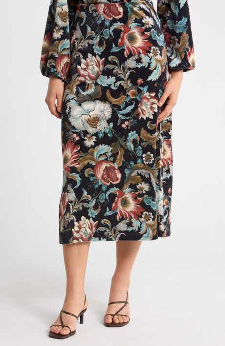 Floral Stretch Velvet Midi Skirt