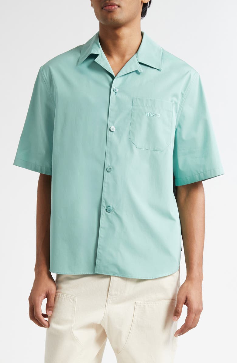 Versace Coral Theater Cotton Poplin & Silk Camp Shirt, Main, color, Sea Green Dark Sea Green