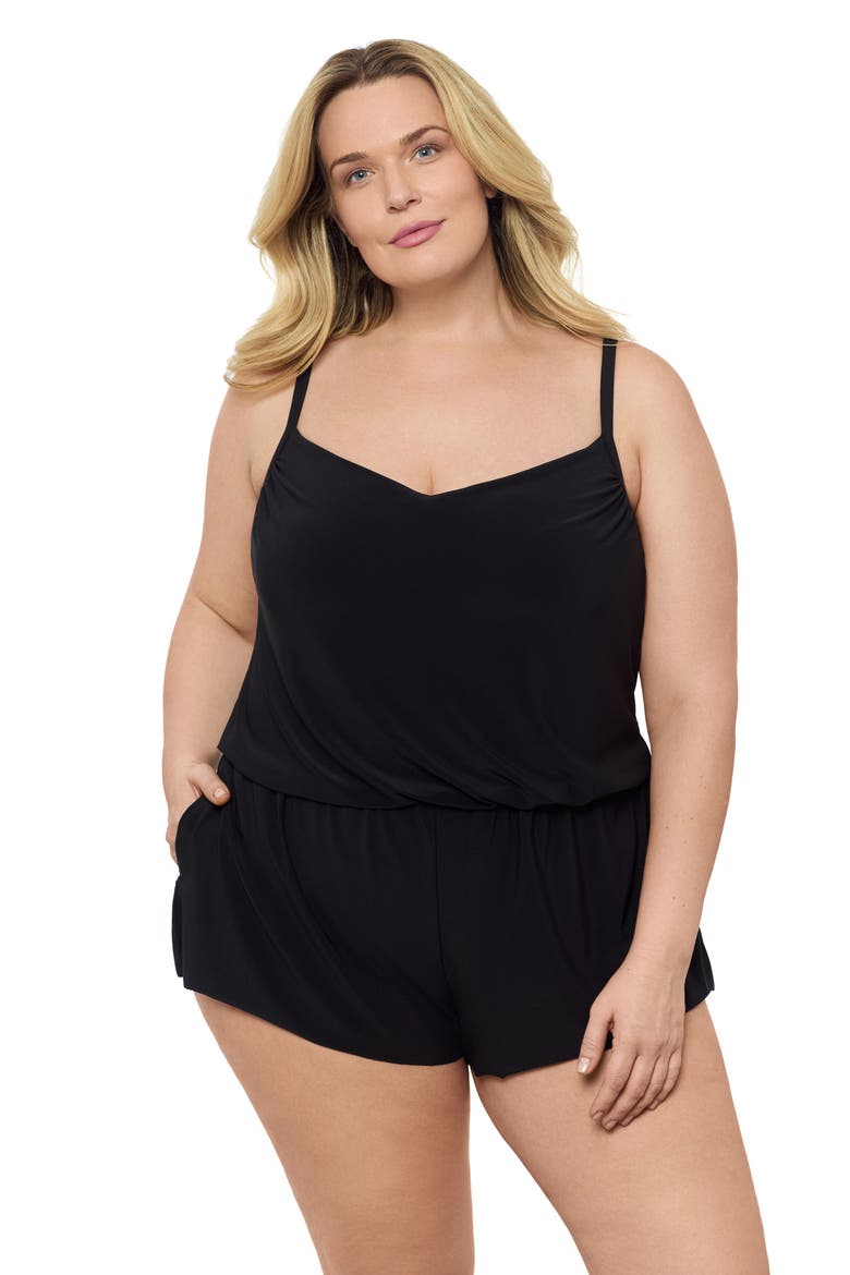 Plus Size V-Neck Blouson Slimming Swimsuit Romper with Pockets, Main, color, Black