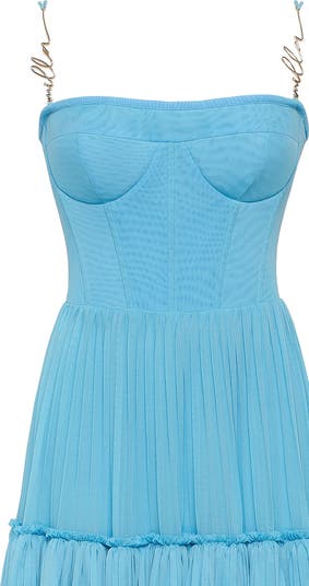 Sky-Blue Spaghetti Strap Pleated Maxi Dress