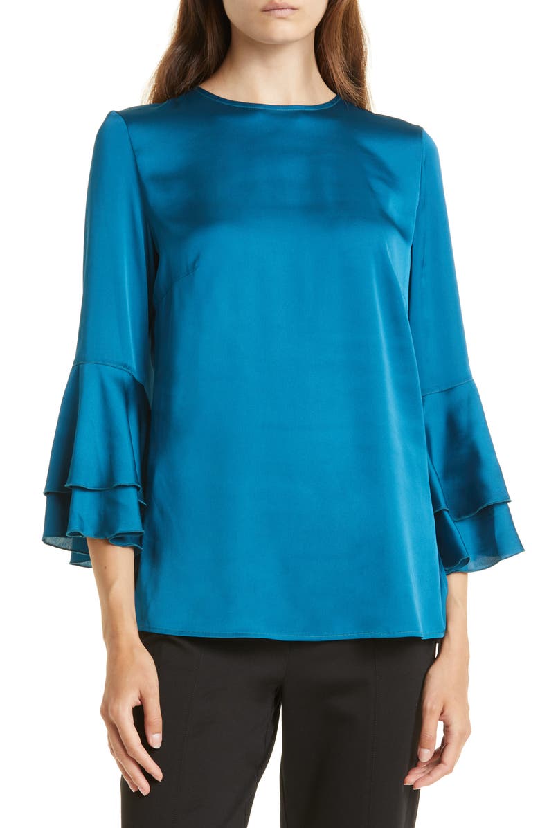 Misook Layered Bell Sleeve Crêpe de Chine Top, Main, color, 