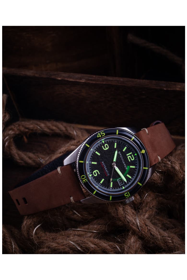 Fleuss Automatic Leather Strap Watch, 43mm, Alternate, color, BLACK